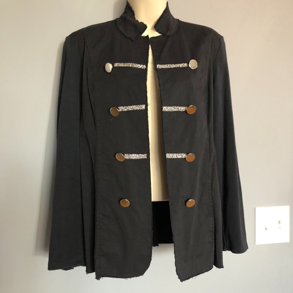 Black Military Inspired Jacket,  Made in Italy, Frayed Edges , size S/M